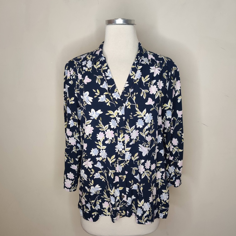 J Jill Floral Button Up Shirt Hi Low Hem Navy Pink